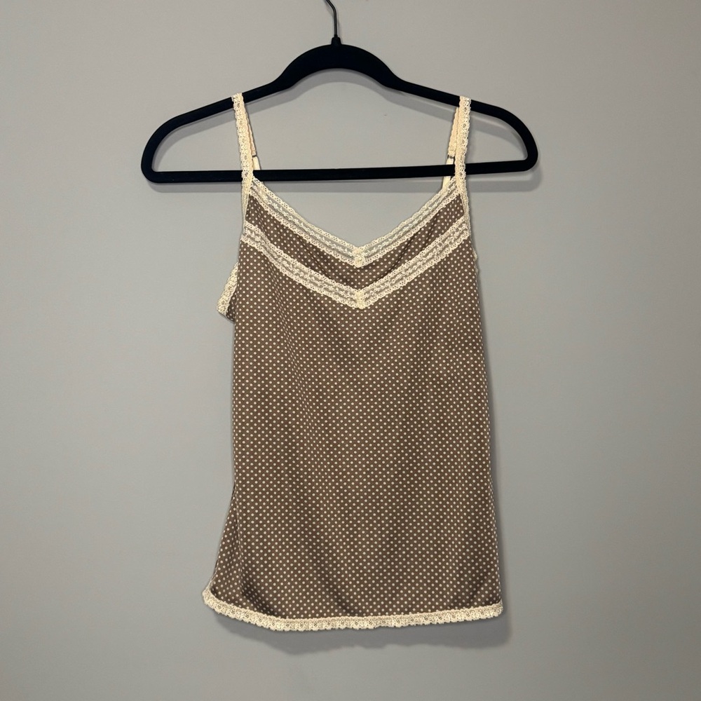 The Limited Brown Polka Dot Lace Trim‎ Camisole Top V-Neck Adjustable Straps M